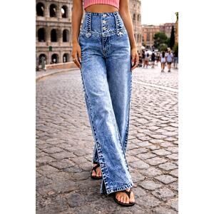 Casual High Waist Wide Leg Denim Jeans Button Down Calf Light Blue 10